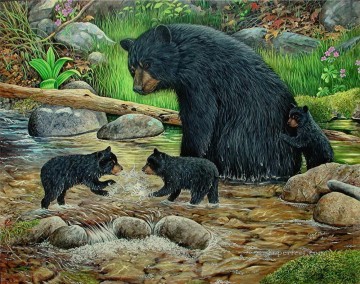 クマ Painting - 小川で遊ぶ小さなクマたち